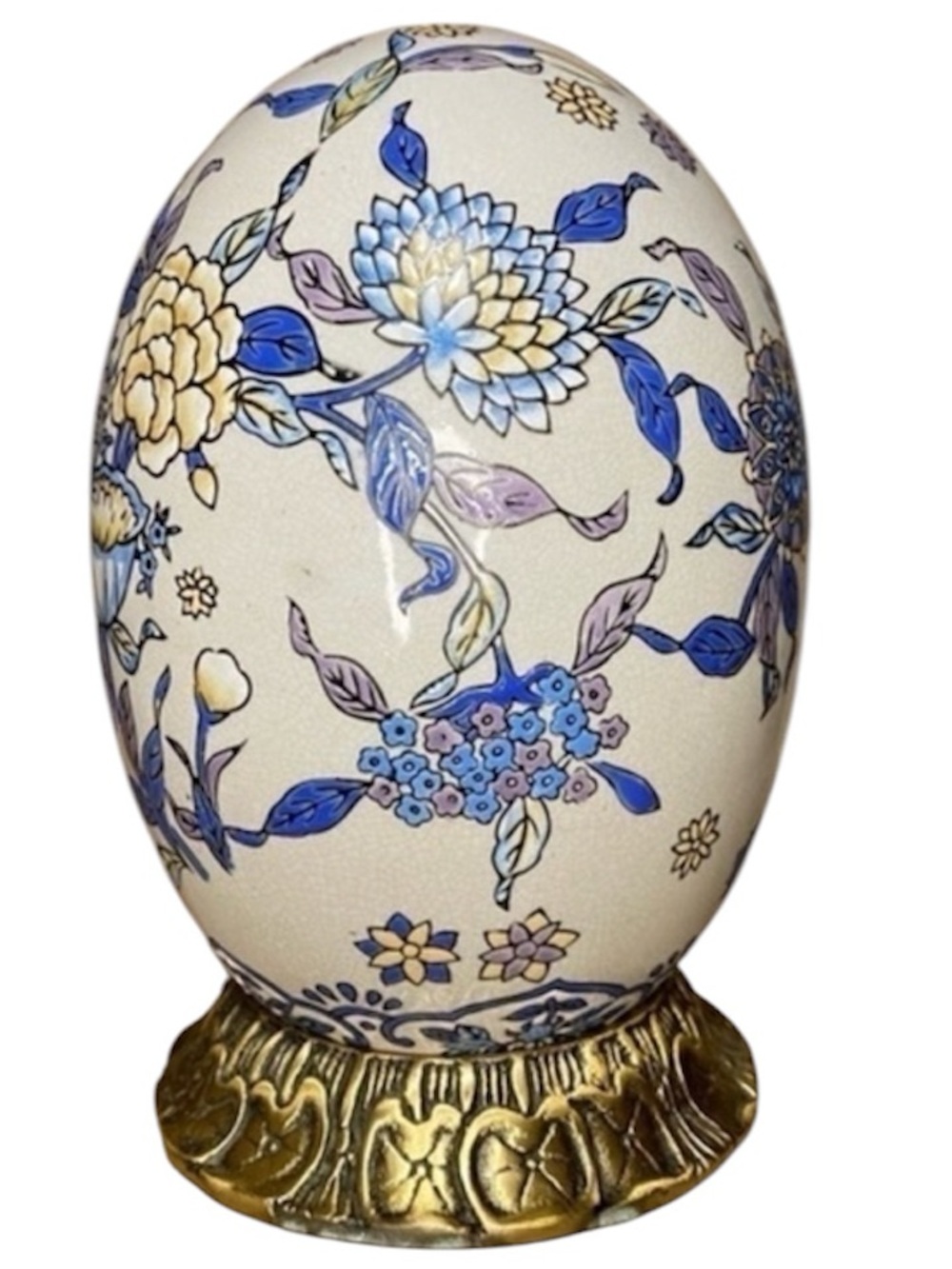 Vintage Chinese Floral Porcelain Hand Painted Egg Bronze Stand 10" Chinoiserie - Picture 3 of 8